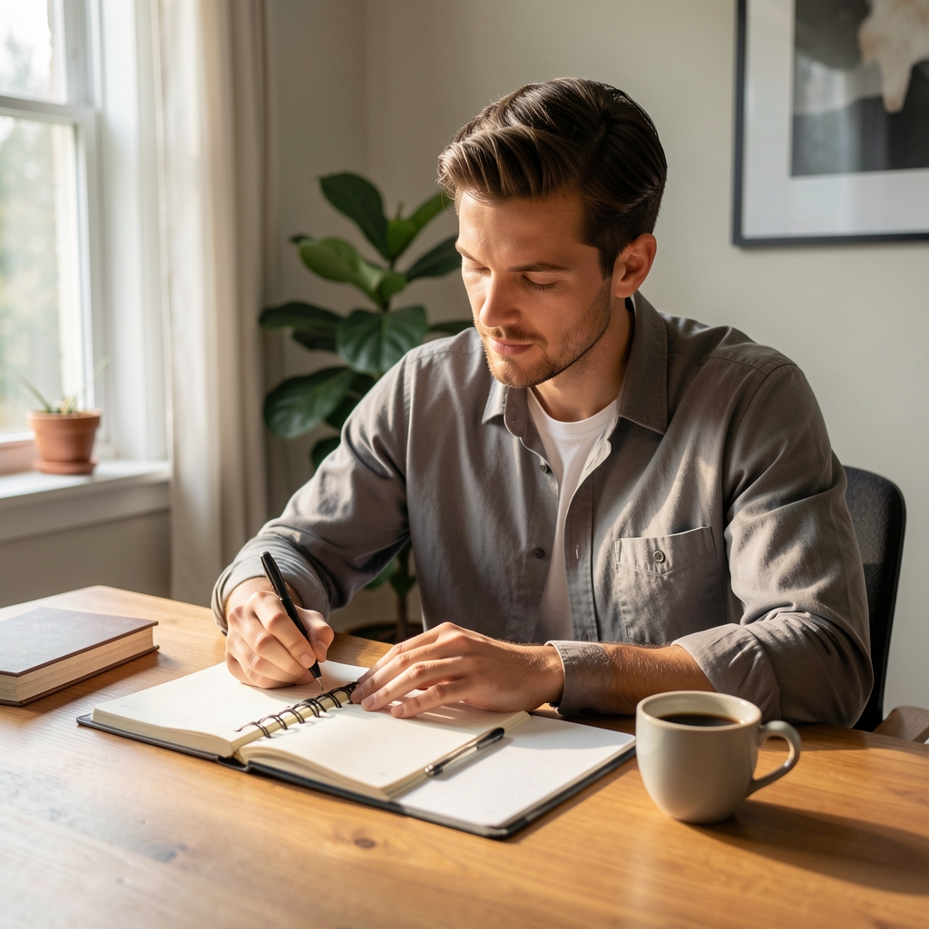 Man seated at a wooden desk in a calm morning-lit room, notebook open, cup of coffee to one side, preparing his daily schedule