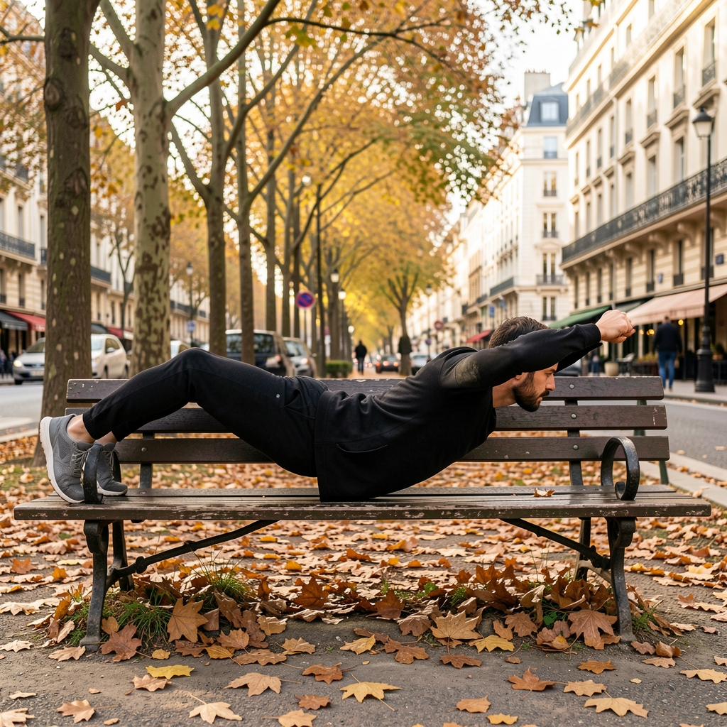 Man performing outdoor bodyweight exercises on a park bench in autumn with fallen leaves on the ground, Paris street visible in background
