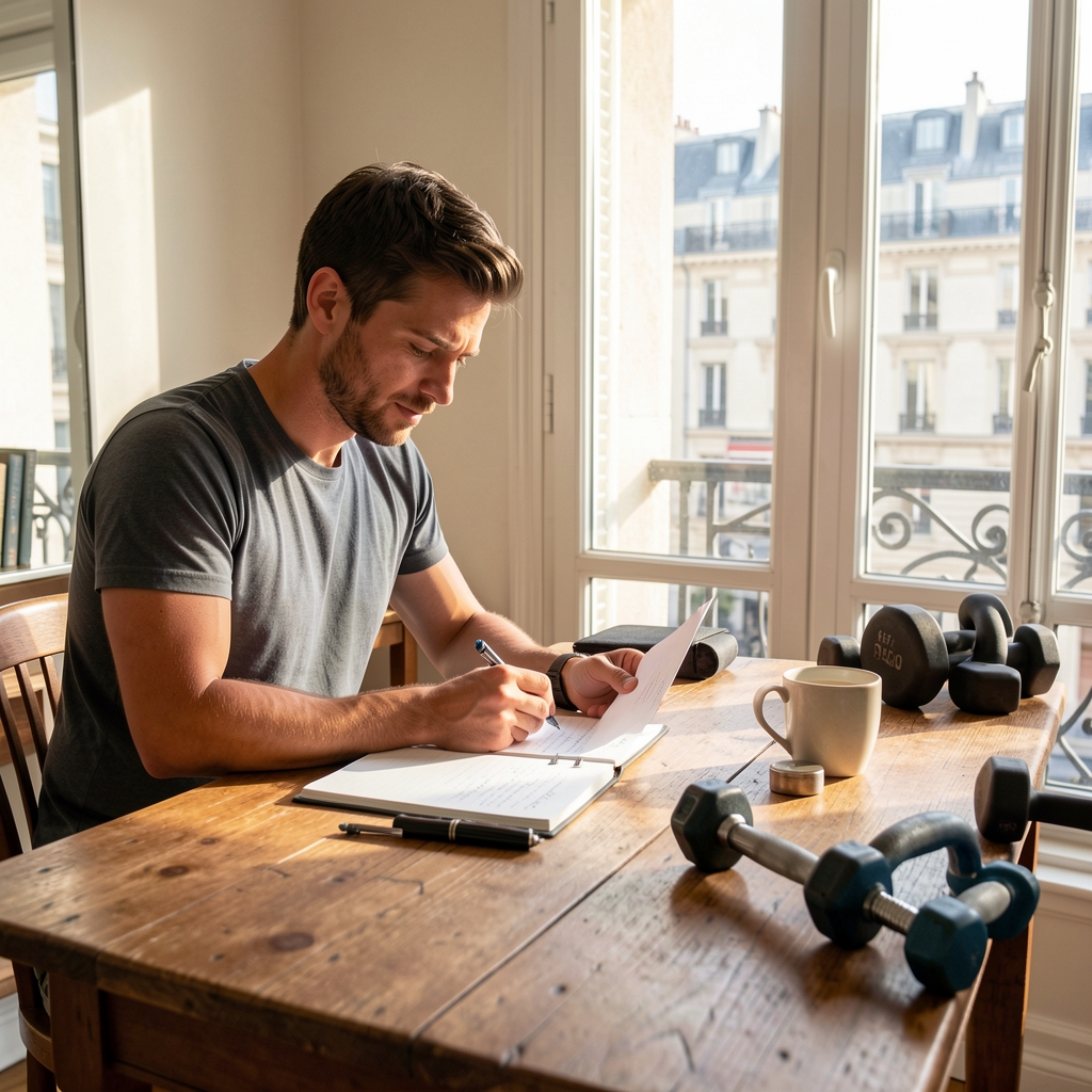Disciplined man in a sunlit Parisian apartment reviewing his morning notes at a wooden desk with fitness equipment nearby