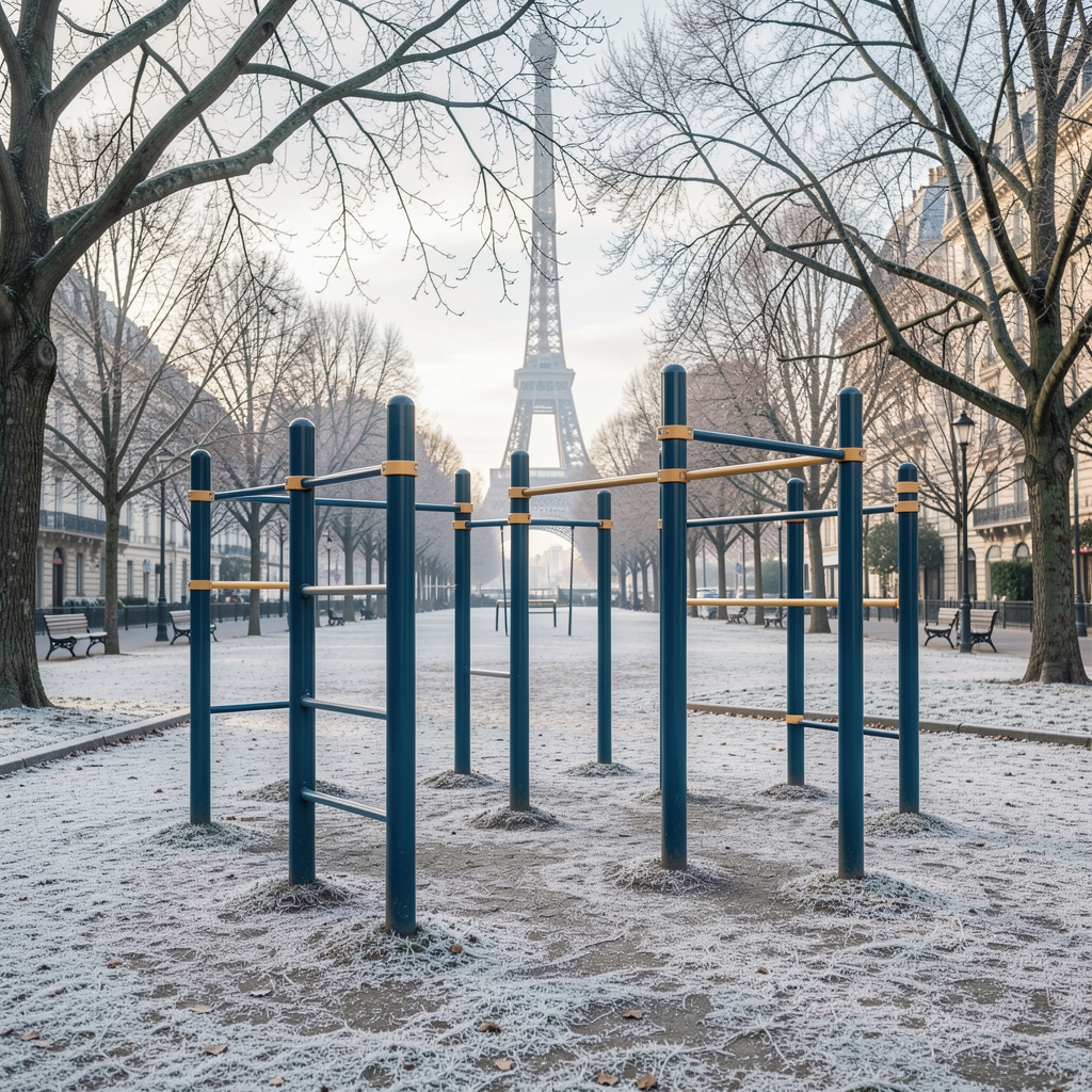 Outdoor fitness equipment bars in a Paris park on a cold winter morning with frost on the ground and bare tree branches overhead